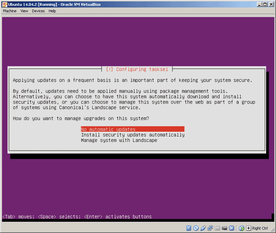 Virtualbox, setup Ubuntu, automatic updates