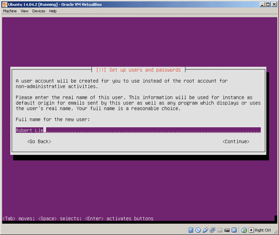 Virtualbox, setup Ubuntu, enter name
