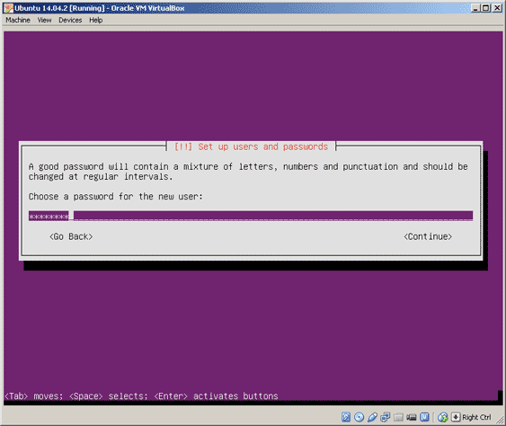 Virtualbox, setup Ubuntu, enter password