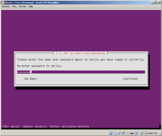 Virtualbox, setup Ubuntu, re-enter password