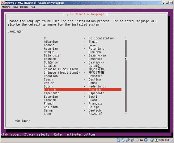 Virtualbox, setup Ubuntu, select installation language