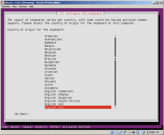 Virtualbox, setup Ubuntu, select keyboard step 1