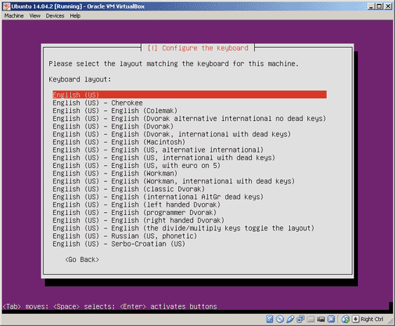 Virtualbox, setup Ubuntu, select keyboard step 2