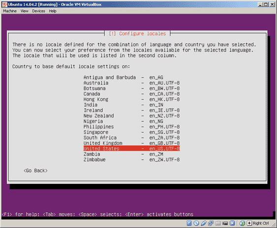 Virtualbox, setup Ubuntu, select locale