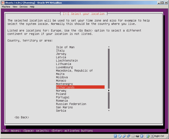 Virtualbox, setup Ubuntu, select location