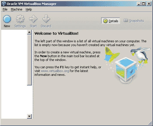 Virtualbox welcome screen