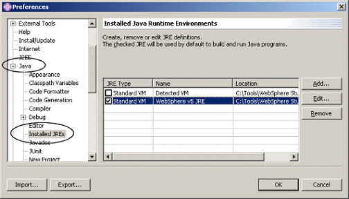 WSAD installed JREs