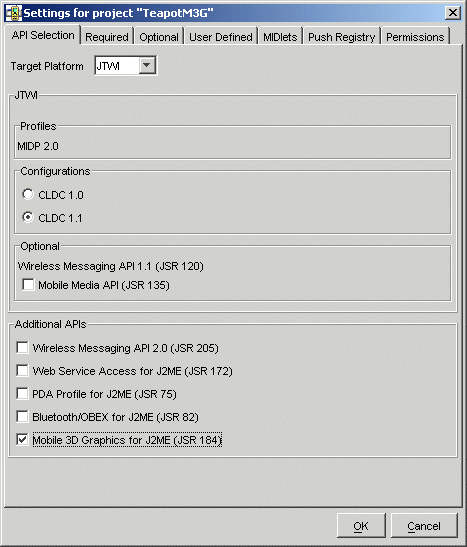 Project setting: tab API selection.