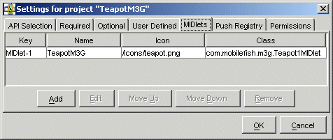 Project setting: tab MIDlets.