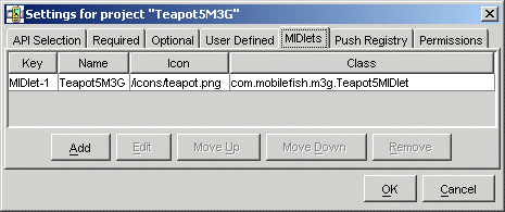 Project setting: tab MIDlets.