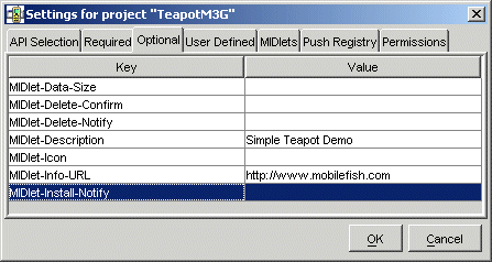 Project setting: tab Optional.