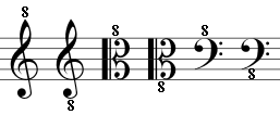 One octave up or below the clef