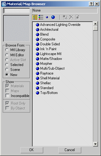 3DSMax 7, material map browser.