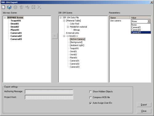 3DSMax 7, select camera in exporter tool.