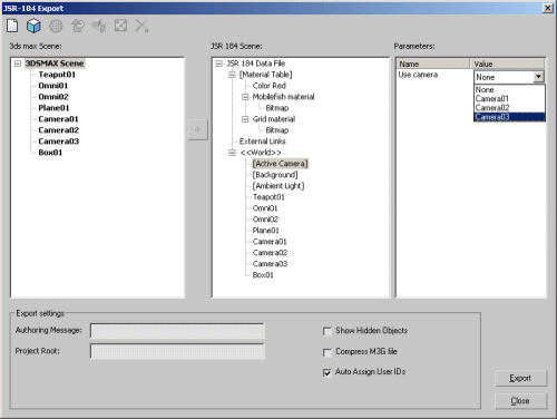 3DSMax 7, select camera in exporter tool.