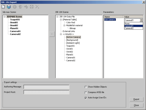 3DSMax 7, select camera in exporter tool.