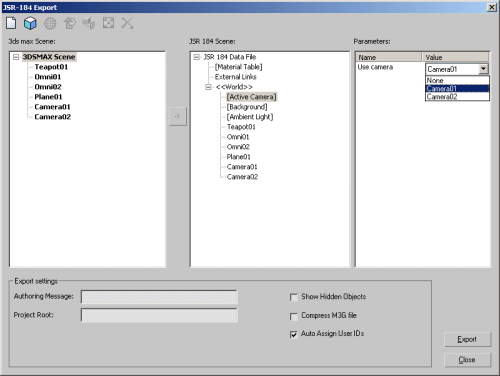 3DSMax 7, select camera in exporter tool.