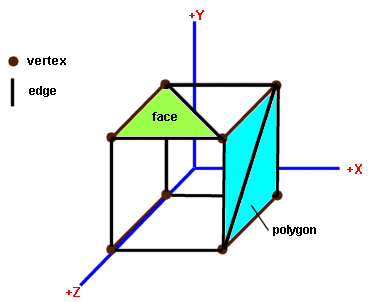 Vertex, polygon, face and edge.