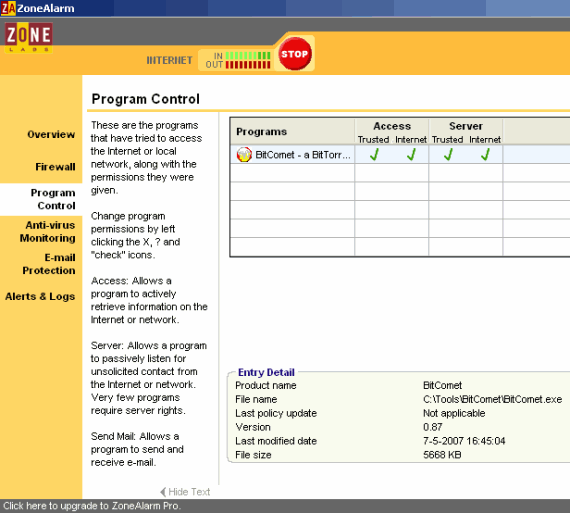 ZoneAlarm program permission