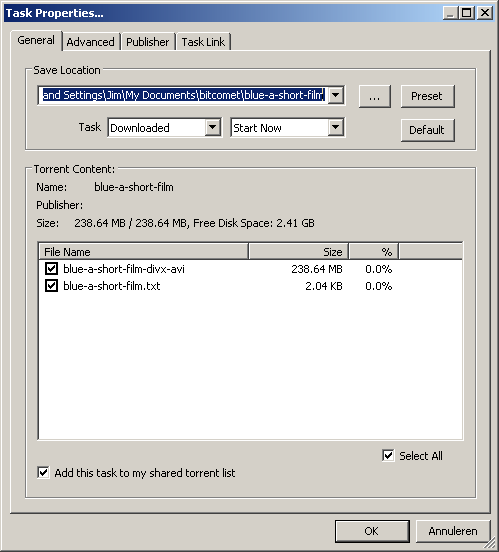 Task properties window.