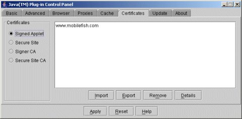 Java plug-in control panel, tab certificate.