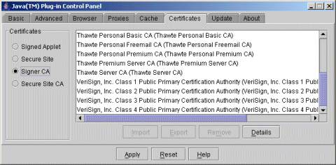 Java plug-in control panel, signer ca