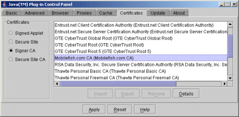 Java plug-in control panel, signer ca