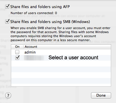 Select the user account who shares the folder