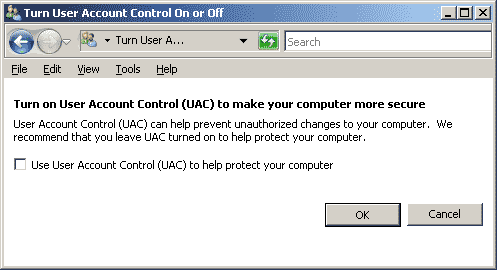 Disable user account control