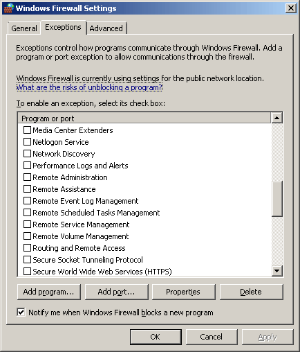 Windows Firewall exceptions settings