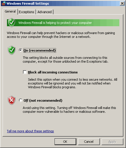 Windows Firewall general settings